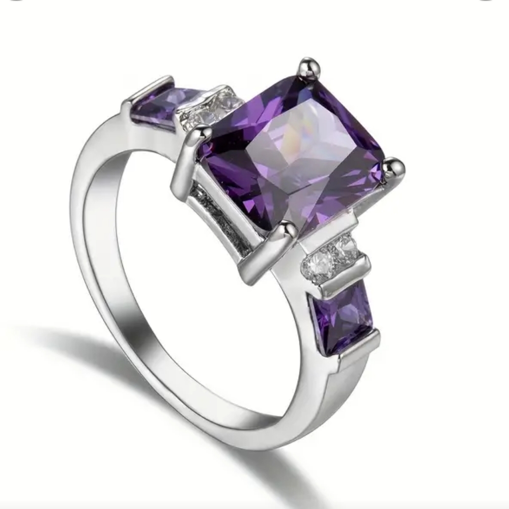 925 Sterling Silver Plated Purple Gemstone Zircon Ring